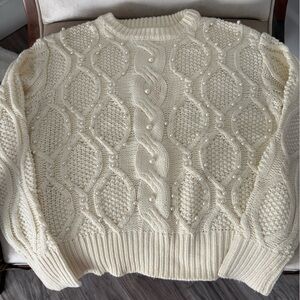 Chic Cream Knit Sweater with Pearl Accents